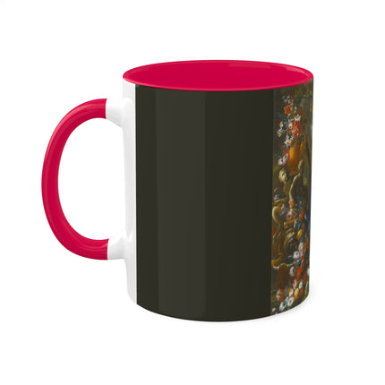 Still Life With Birds Beside An Ornate Fountain by Nicola Casissa Colorful Mugs, 11oz