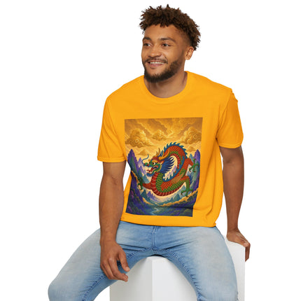 🐉🌄 The Golden Sky Dragon Softstyle T-Shirt – Mystical Mountain Fantasy
