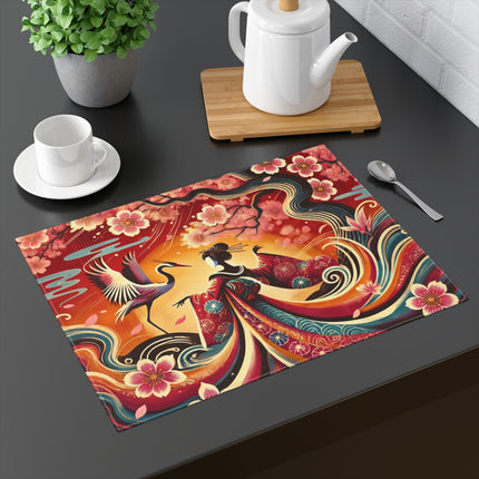🌸🕊️ Fairy and Stork Beneath the Cherry Blossoms Placemat – Enchanted Japanese Garden Fantasy