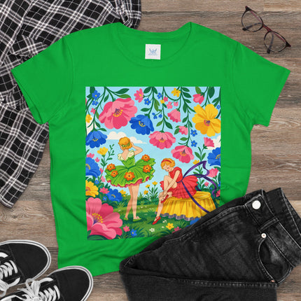 🌸🧚 The Fairies In The Flower Garden Cotton Tee – Art Deco Floral Whimsy
