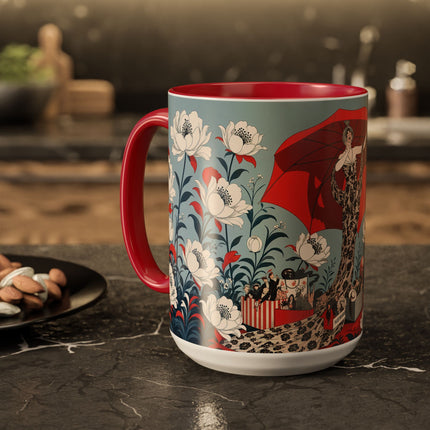 ❤️🌺 The Scarlet Parasol Spectacle Colorful Mug – Art Deco Fashion Elegance