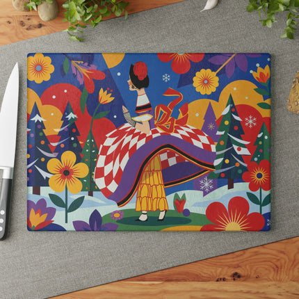 🌈❄️ The Lady Of The Kaleidoscope Snow Glass Cutting Board – Art Deco Holiday Fantasy