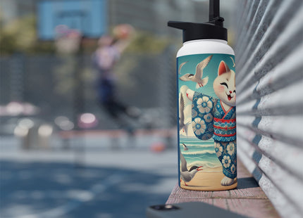 Geisha Kitten by the Seaside Stainless Steel Water Bottle, Standard Lid