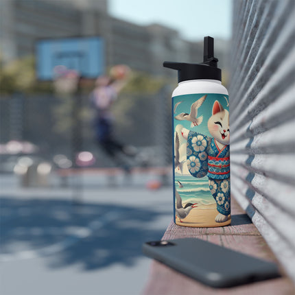 Geisha Kitten by the Seaside Stainless Steel Water Bottle, Standard Lid