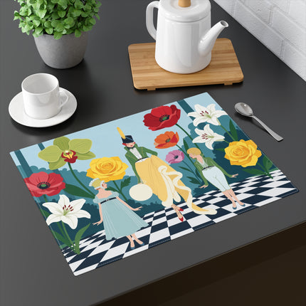 🌺🎩 The Lady And The Children In The Grand Flower Garden Placemat – Art Deco Fashion Illustration