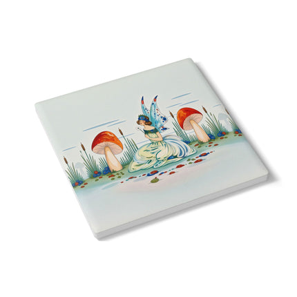 🧚🍄 The Fairy Of The Scarlet Mushrooms Ceramic Coaster – Art Deco Woodland Fantasy