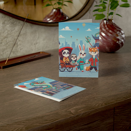 🐉🏮 The Dragon Rickshaw Parade Greeting Card – Whimsical Animal Adventure