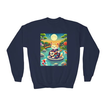 Melodic Kitten by the Koi Pond Youth Crewneck Sweatshirt – Harmony, Joy & Whimsical Charm