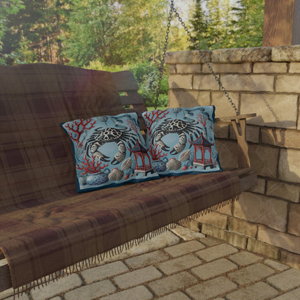 Spotted Crab & Pagoda Outdoor Pillows – Mystical Ocean & Asian Harmony
