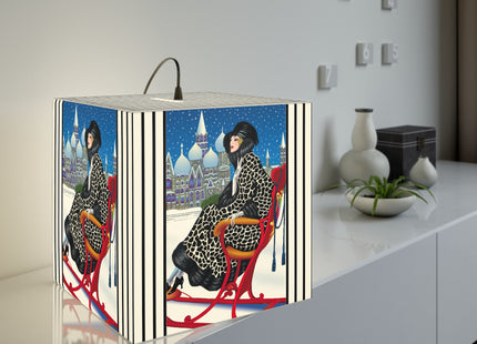 Elegant Winter Woman in Sleigh Light Cube Lamp