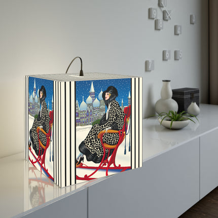 Elegant Winter Woman in Sleigh Light Cube Lamp