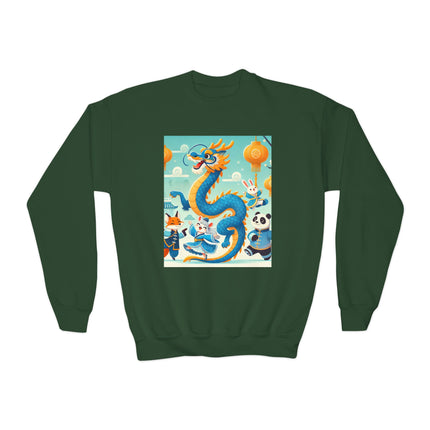 Blue & Gold Dragon Festival Parade Youth Crewneck Sweatshirt – Celebration, Color & Joyful Movement