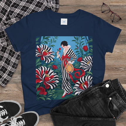 ❤️🌹 The Scarlet Striped Garden Cotton Tee – Art Deco Fashion Illustration