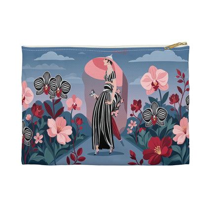 🌸🖤 The Striped Orchid Promenade Accessory Pouch – Art Deco Floral Fashion