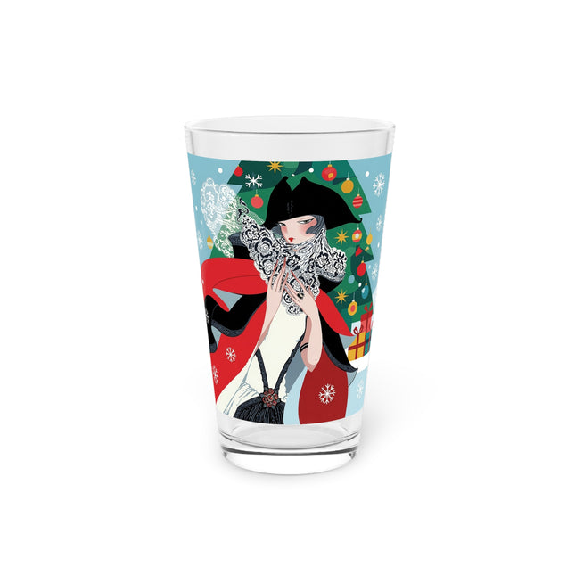 ❤️ The Lady Of The Crimson Scarf Pint Glass – Art Deco Christmas Elegance