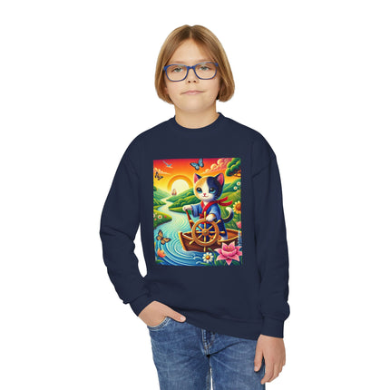 Sailor Kitten’s River Adventure Youth Crewneck Sweatshirt – Exploration, Joy & Storybook Adventure