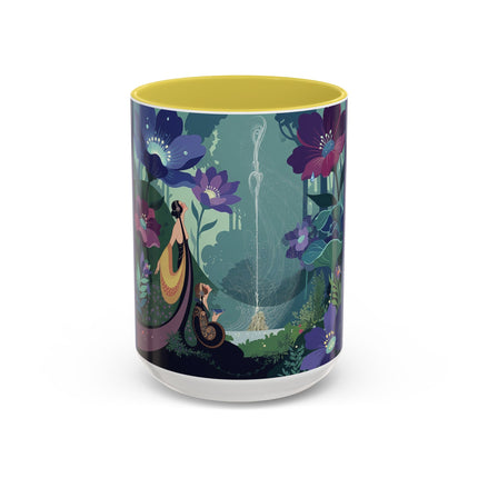 The Lady Of The Moonlit Fountain Colorful Mugs – Art Deco Botanical Serenity