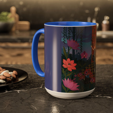 The Lady And The Midnight Birdcage Colorful Mugs – Art Deco Botanical Elegance
