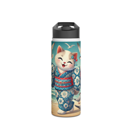 Geisha Kitten by the Seaside Stainless Steel Water Bottle, Standard Lid