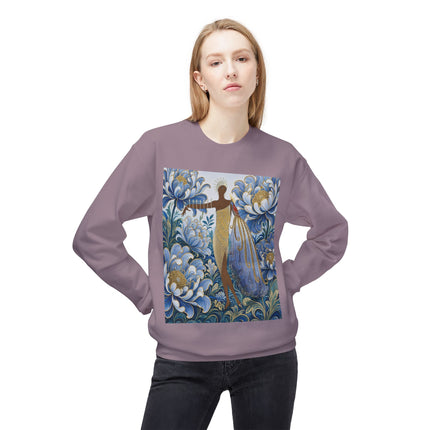 💙✨ The Lady Of The Gilded Blue Blossom Garden Midweight Crewneck Sweatshirt – Art Deco Floral Elegance
