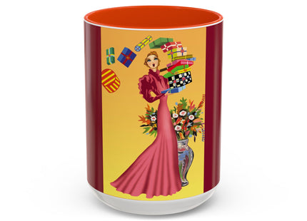 Elegant Holiday Woman with Gifts Colorful Mugs (11oz, 15oz)