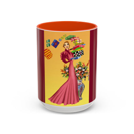 Elegant Holiday Woman with Gifts Colorful Mugs (11oz, 15oz)