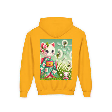Geisha Kitten and the Dandelion Wish Youth Hooded Sweatshirt – Soft Dreams & Gentle Wonder