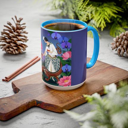 The Lady And The Garden Dragon Colorful Mugs – Art Deco Mythical Botanical Elegance