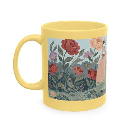 🐈🥾 The Lady & Puss In Boots In The Flower Garden Ceramic Mug – Art Deco Storybook Whimsy