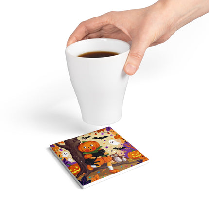 🎃🐈‍⬛ The Pumpkin Child’s Halloween Parade Ceramic Coaster – Whimsical Storybook Charm