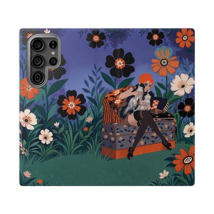 🌺🐈 The Lady Of The Midnight Garden Cat Flip Case – Art Deco Floral Fantasy