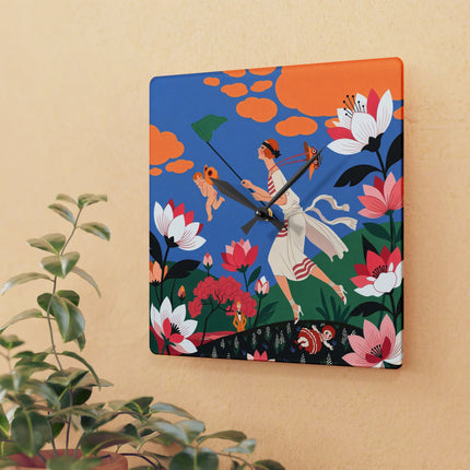 🌸🪽 The Lady Chasing Cupid Acrylic Wall Clock – Art Deco Garden Whimsy