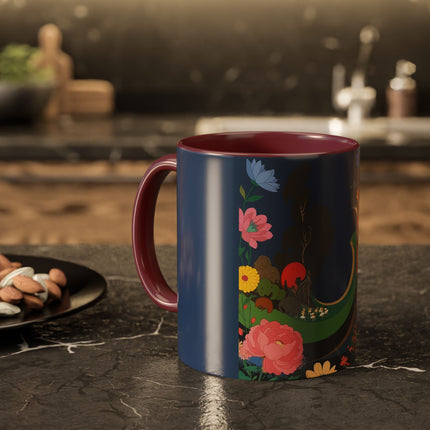 The Lady And The Crimson Moonbird Colorful Mugs – Art Deco Whimsical Garden Elegance