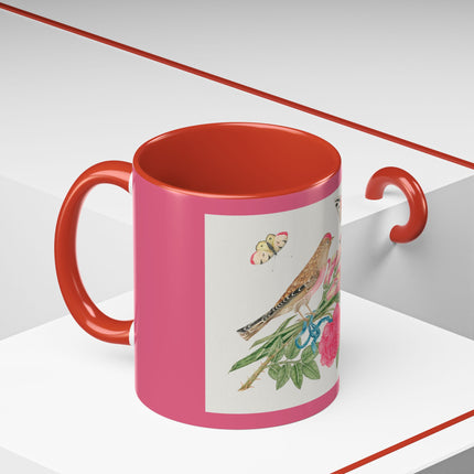 Pair of brown birds on bouquet with tulip, rose, and snapdragons, with butterflies by AnonymousAccent Coffee Mug, 11oz