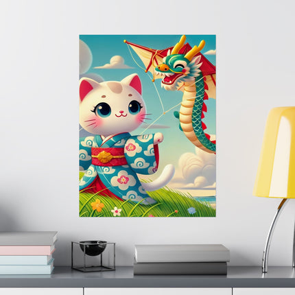 🪁🐉 Geisha Kitten and the Dragon Kite Matte Vertical Poster – Joyful Flight & Dragon Spirit
