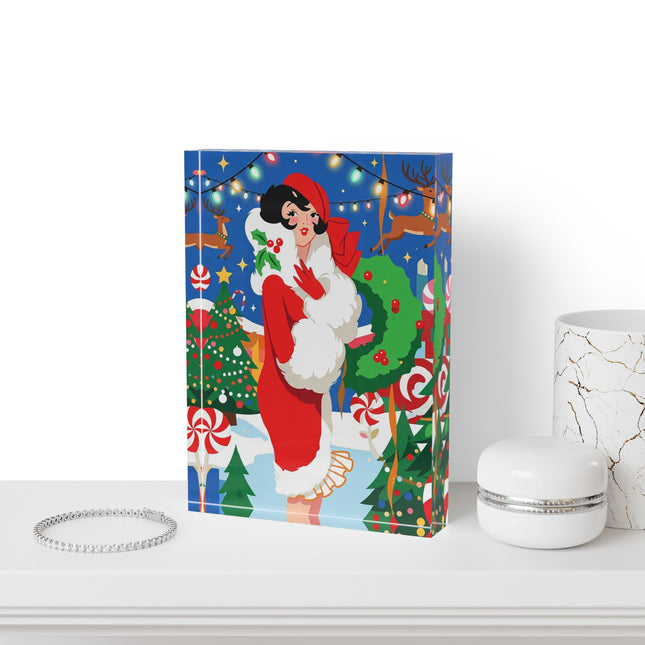 🦌🍬 The Lady Of The Peppermint Christmas Garden Acrylic Art Block – Colorful Art Deco Holiday Fantasy