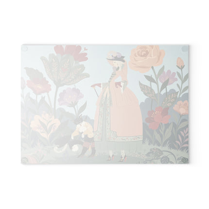 🌸🐈 The Lady And Puss In Boots Glass Cutting Board – Art Deco Floral Fashion Fantasy