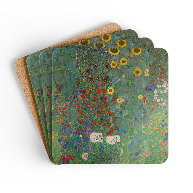 Farm Garden with Sunflowers by Gustav Klimt Corkwood Coaster Set