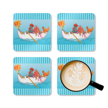 A Rooster's Seafaring Adventure Corkwood Coaster Set