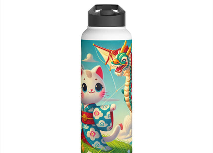 Geisha Kitten and the Dragon Kite Stainless Steel Water Bottle, Standard Lid