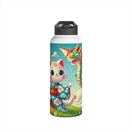 Geisha Kitten and the Dragon Kite Stainless Steel Water Bottle, Standard Lid