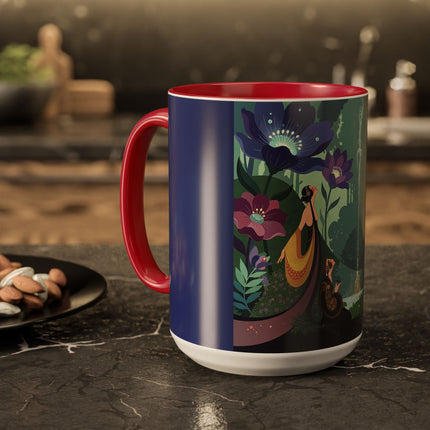 The Lady Of The Moonlit Fountain Colorful Mugs – Art Deco Botanical Serenity