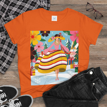 🎄🌸 The Christmas Blossom Belle Cotton Tee – Art Deco Holiday Whimsy