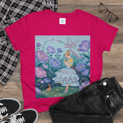 🌸🐇 The Secret Blossom Garden Cotton Tee – Art Deco Spring Whimsy
