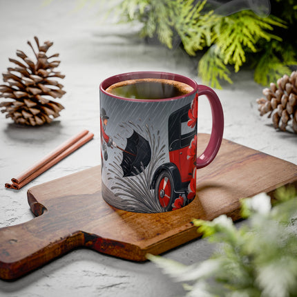 ☔🌹 The Scarlet Rainstorm Promenade Colorful Mug – Art Deco Motoring Elegance