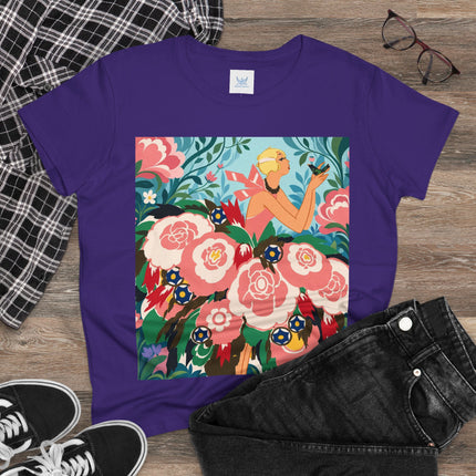 🌸🐦 The Girl Of The Little Birds Cotton Tee – Art Deco Floral Whimsy