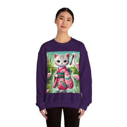 Geisha Kitten Strolls Among the Spoonbills  Unisex Heavy Blend™ Crewneck Sweatshirt