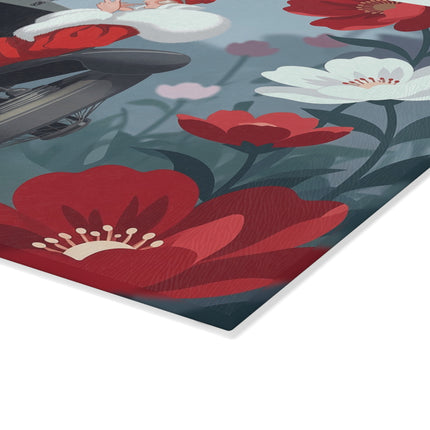 🚗🌺 The Lady Of The Scarlet Roadster Glass Cutting Board – Art Deco Motoring Elegance