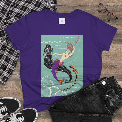 Mermaid on Seahorse Women's Midweight Cotton Tee – Dreamy Ocean Fantasy