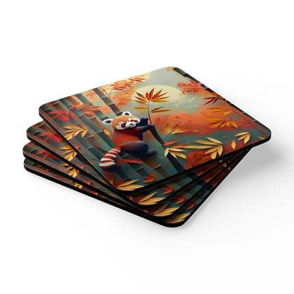 Red Panda at an Autumn Bamboo Grove Corkwood Coaster Set